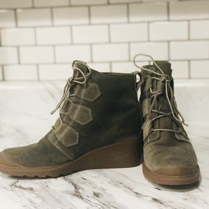 Gray Suede Sorel Lace Up Wedge Boots